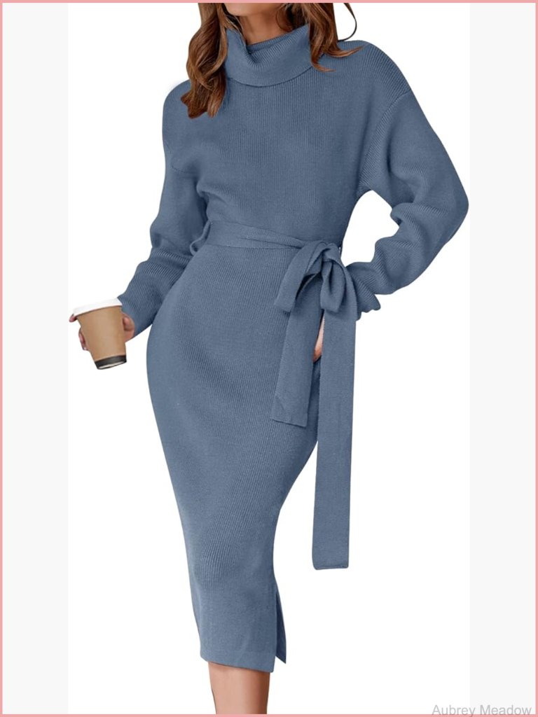 Turtleneck Sweater Midi Dress Long Sleeve Ribbed Knit Bodycon Slit Dress With